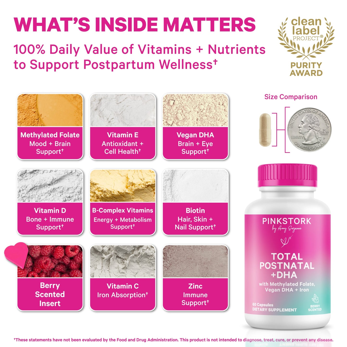 Pink Stork Total Postnatal Vitamins for Women with Vegan DHA, Iron, Folate, and Vitamin B12, Postpartum Recovery Essentials, Daily Supplement for Breastfeeding Moms - 1 Month Supply