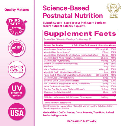 Pink Stork Total Postnatal Vitamins for Women with Vegan DHA, Iron, Folate, and Vitamin B12, Postpartum Recovery Essentials, Daily Supplement for Breastfeeding Moms - 1 Month Supply