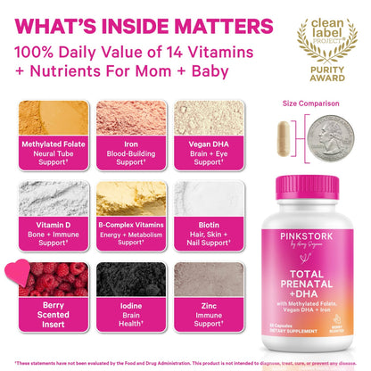Pink Stork Total Prenatal Vitamins with DHA, Folate, Iron, Choline, and Vitamin B12 - Prenatals for Women to Support Fetal Development, Pregnancy Essentials, Berry Essence, 60 Capsules, 1 Month Supply