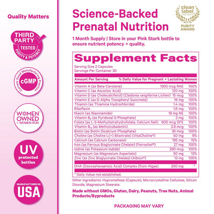 Pink Stork Total Prenatal Vitamins with DHA, Folate, Iron, Choline, and Vitamin B12 - Prenatals for Women to Support Fetal Development, Pregnancy Essentials, Berry Essence, 60 Capsules, 1 Month Supply
