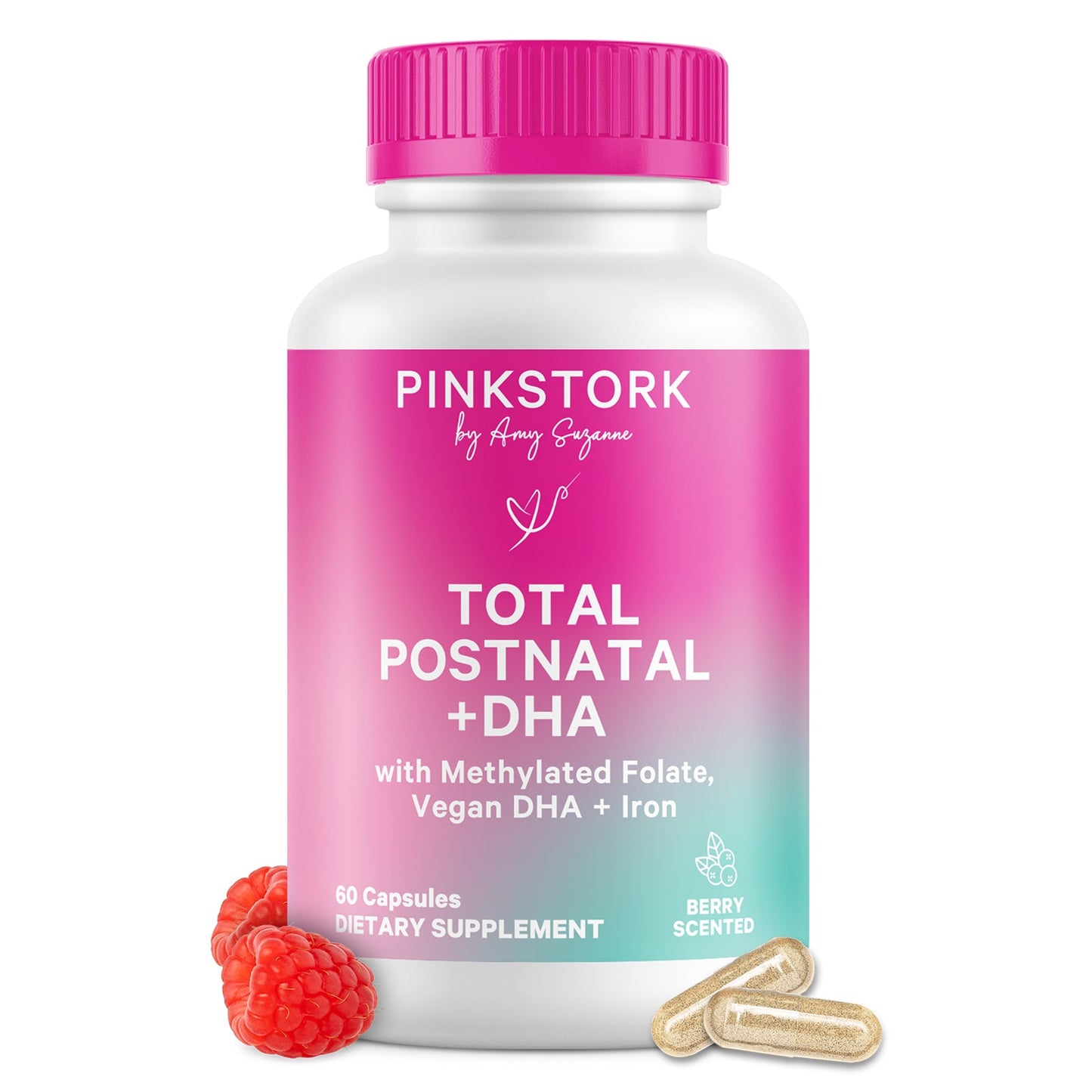Pink Stork Total Postnatal Vitamins for Women with Vegan DHA, Iron, Folate, and Vitamin B12, Postpartum Recovery Essentials, Daily Supplement for Breastfeeding Moms - 1 Month Supply